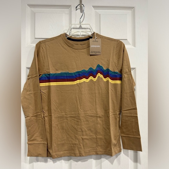 Patagonia Kids' Medium Long-Sleeved Cotton Ridge Rise Stripe T-Shirt Brown NWT - Picture 1 of 8